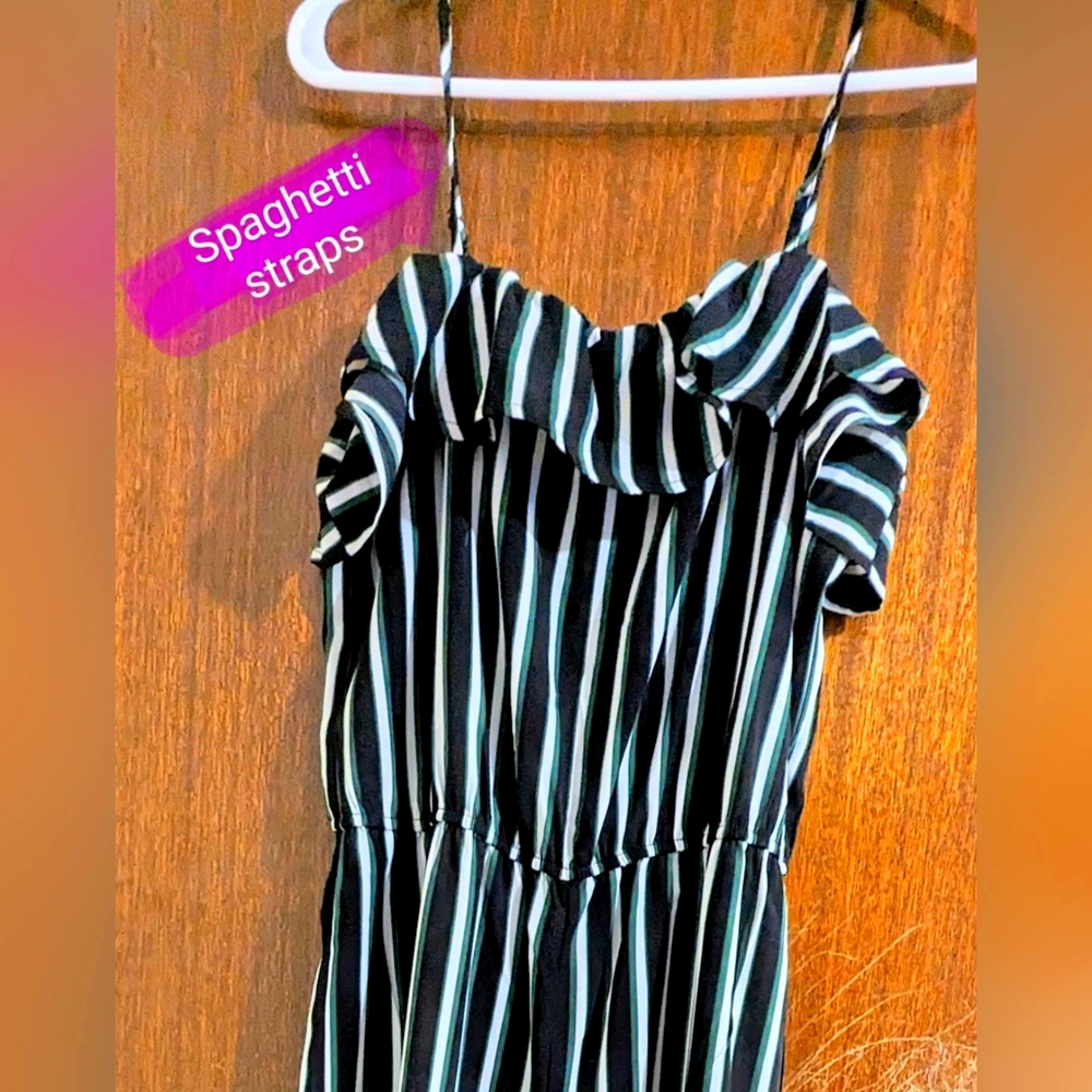 Bluenotes Romper, size med, EUC, black, green, white & green stripe pattern - Picture 3 of 13